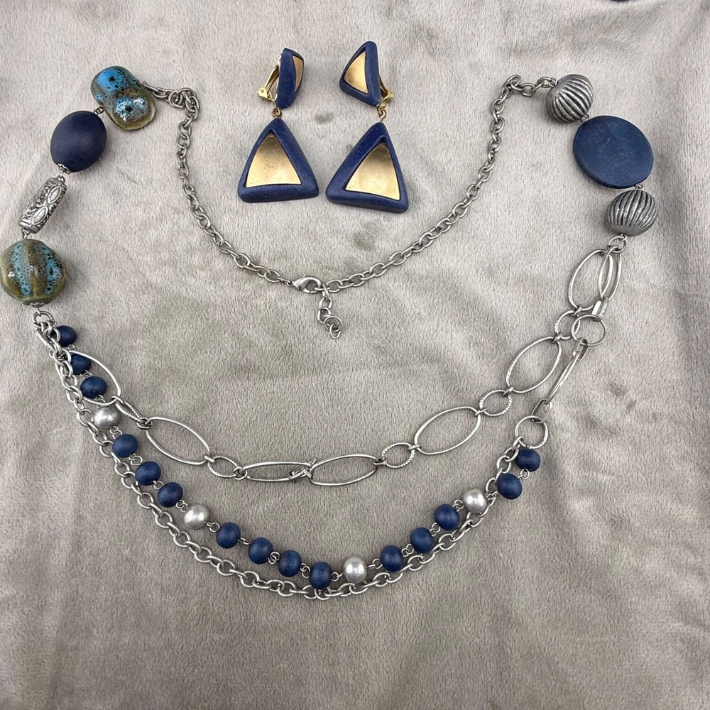 Estate Jewelry Set Blue Necklace Clip On Earrings Geometric Layered 34"